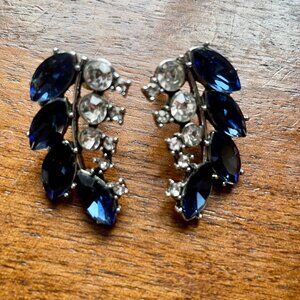Blue Rhinestone Earrings Silver Tone